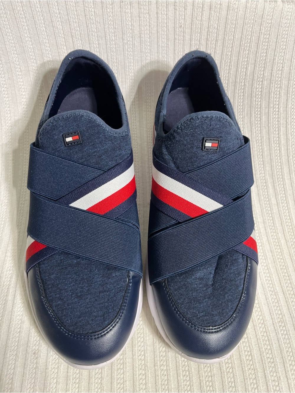 Tommy Hilfiger Navy Slip-On Sneakers with Red & White Stripes 10M